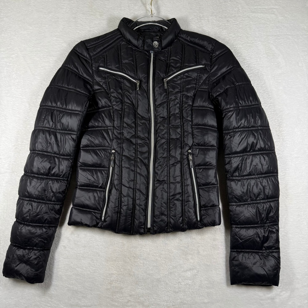 Laundry by Shelli Segal Black Puffer Moto Jacket Womens XS Quilted Full Zip